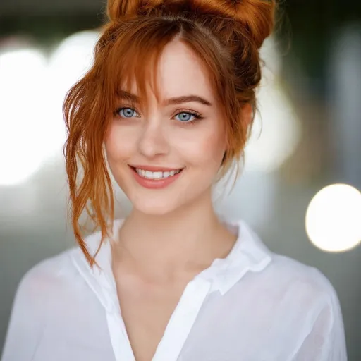 Prompt: A beautiful woman,messy redish bun hair, loose white shirt with style, porcelain skin, blue eyes, natural makeup, nice smile, bokeh