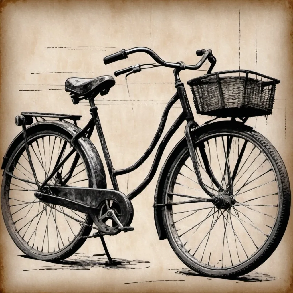 Prompt: Old rustic worn bicycles in details with lines small strokes in digital visual art with ink black sketching 