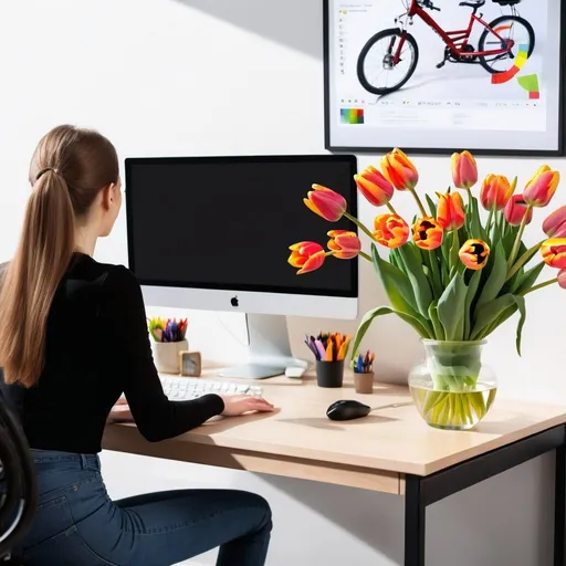 Prompt: Rear view a woman sitting behind desk with computer. Chat application is displayed on computer screen. Vase of tulips stands on the desk. Picture of bicycle hangs on the wall.