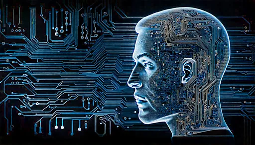 Prompt: (circuit board background), (computer rendering), head positioned in left third, futuristic technology theme, cool tone palette, sleek and modern, intricate details on the circuit board, white and blue theme, high contrast lighting, ultra-detailed, digital art masterpiece, innovative atmosphere, conveys the fusion of human intellect and technology.