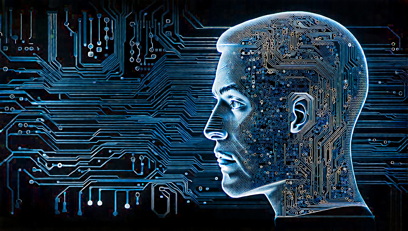 Prompt: (circuit board background), (computer rendering), head positioned in left third, futuristic technology theme, cool tone palette, sleek and modern, intricate details on the circuit board, white and blue theme, high contrast lighting, ultra-detailed, digital art masterpiece, innovative atmosphere, conveys the fusion of human intellect and technology.