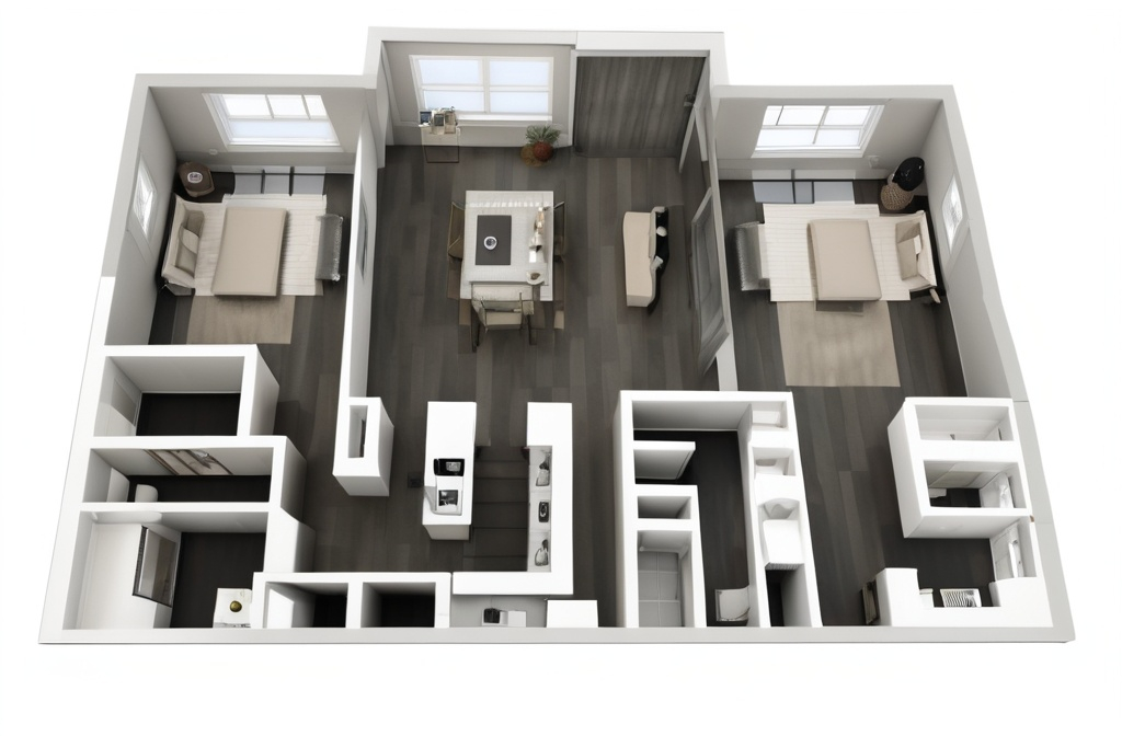 Prompt: A very big 2 bedroom floorplan. Very luxurious, and has rectangular segmented windows. On the bottom left corner, there will be a patio. Features a kitchen island and has 2 bathrooms.