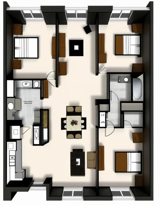 Prompt: A very big 2 bedroom floorplan. Very luxurious, and has rectangular segmented windows. On the bottom left corner, there will be a patio. Features a kitchen island and has 2 bathrooms.