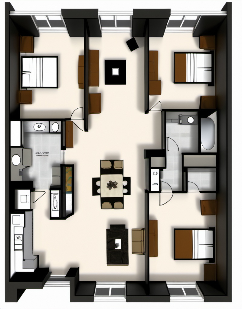 Prompt: A very big 2 bedroom floorplan. Very luxurious, and has rectangular segmented windows. On the bottom left corner, there will be a patio. Features a kitchen island and has 2 bathrooms.