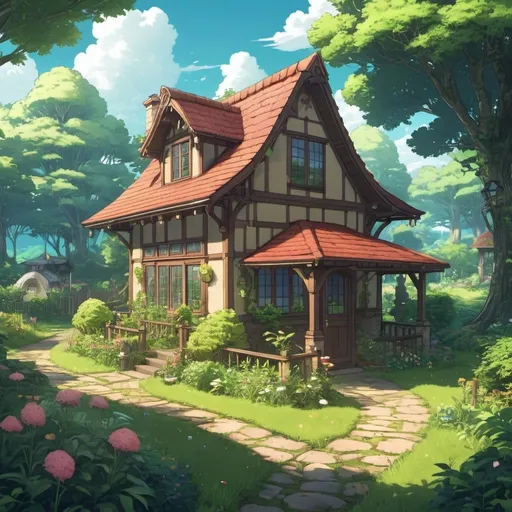 Prompt: solarpunk one story cottage in an anime style with lush gardens and paths in the countryside with a forest behind