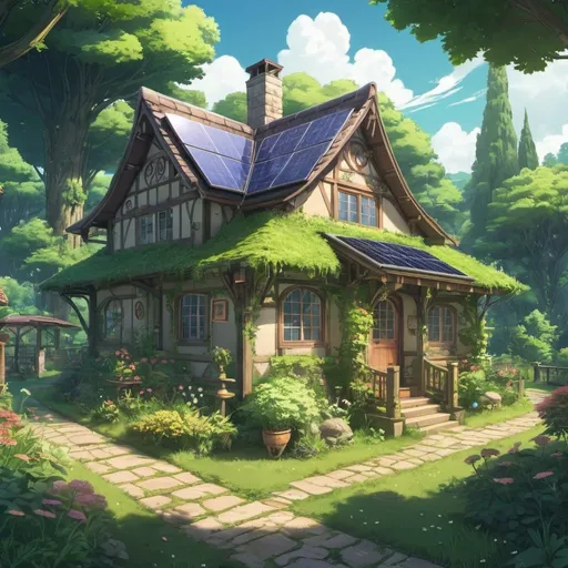 Prompt: solarpunk one story cottage in an anime style with lush gardens and paths in the countryside with a forest behind