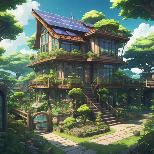 Prompt: solarpunk house in an anime style with lush gardens and paths