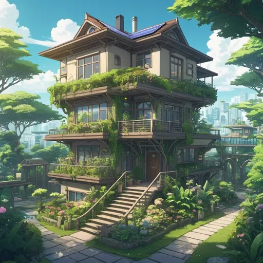 Prompt: solarpunk house in an anime style with lush gardens and paths
