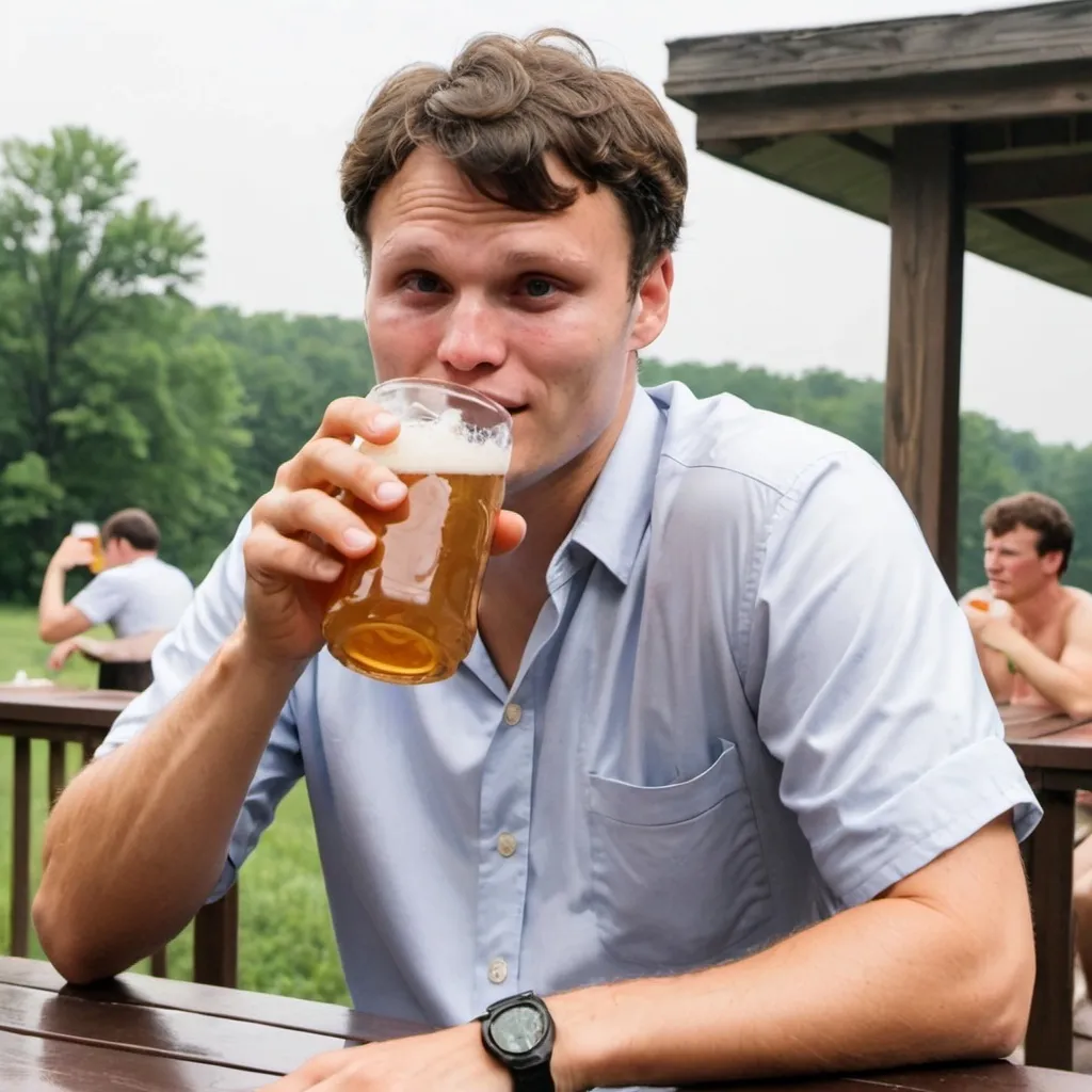 Prompt: A picture of Otto Warmbier drinking a beer while it is really hot outside.