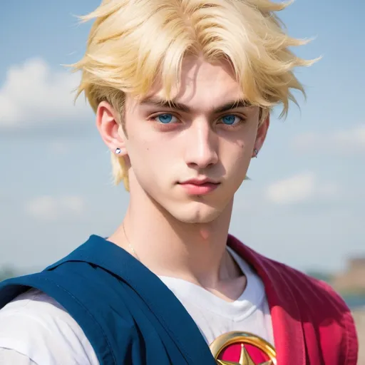 Prompt: one  pretty 
boy  with blues eyes and blonde hair,and one tattoo from sailor moon 