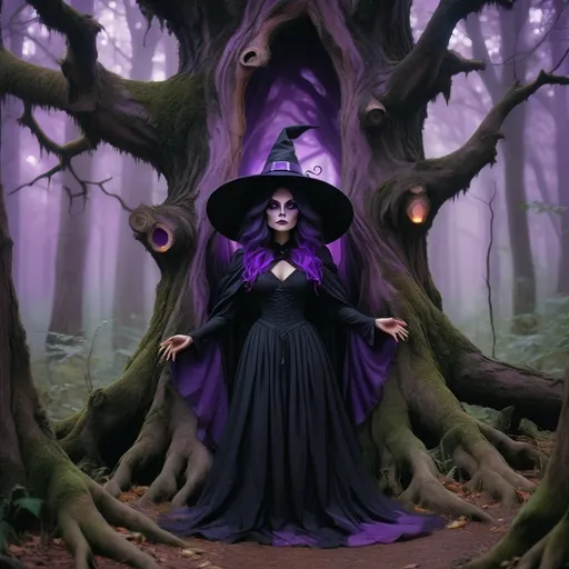 Prompt: Witch dressed in Black and Purple colors in a mystical forest around huge tree that appears to have a face