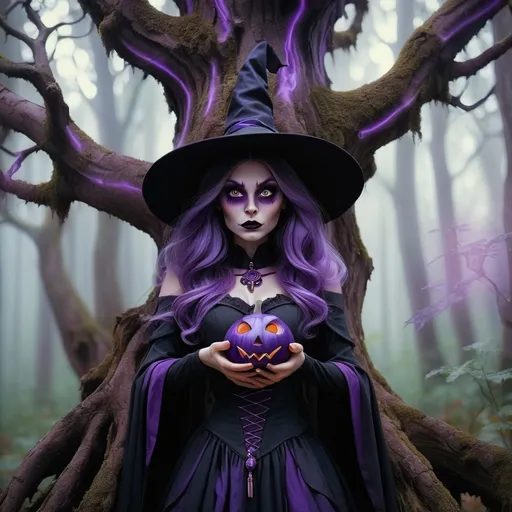 Prompt: Witch dressed in Black and Purple colors in a mystical forest around huge tree that appears to have a face