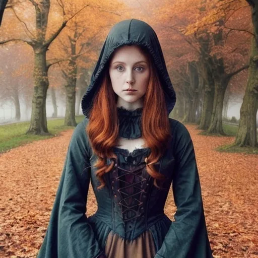 Prompt: Imagine a beautiful whimiscal Autumn water color, a pale woman with large hazel eyes,  auburn hair,  wearing a beautiful Autumn Victorian dress , Autumn aesthetic  , dark Victorian cloak with hood up, boots, dark, misty Autumn background