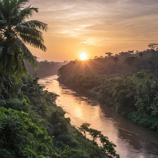 Prompt: A sunrise behind a river with jungle 
