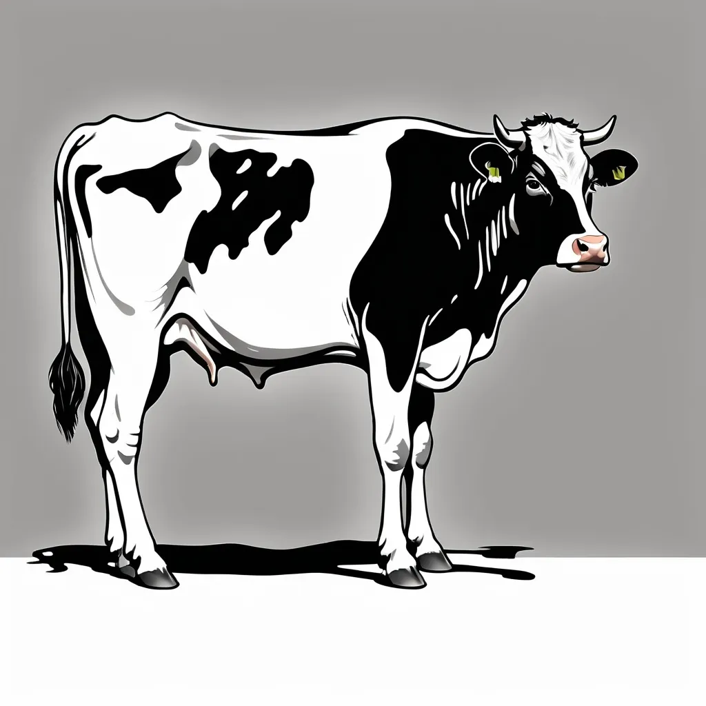 Prompt: 2 dimensional, black and white cow side profile it’s looking up and it’s a bit in a distance