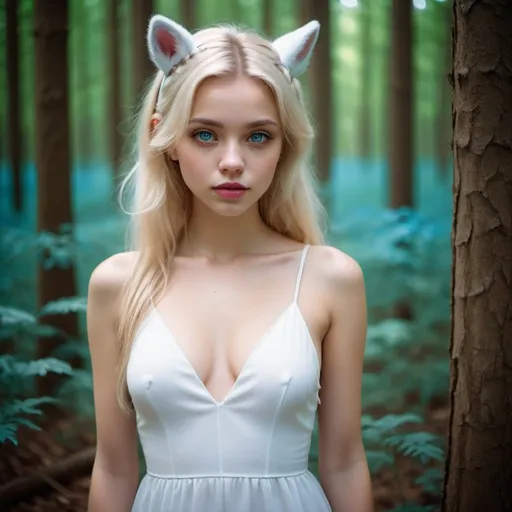 Prompt: very attractive girl wearing white dress, her eyes are blue and lips are pinky, blondy hair, ears look like avatar style, cinematic style, kodak 2820 color tone, cool color. forest back ground.