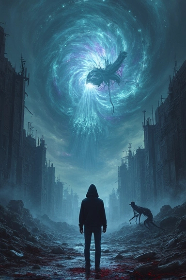 Prompt: A dark, surreal digital painting in a realistic horror and dark fantasy style.
A towering, swirling portal dominates the background, radiating eerie tones of blue, black, and purple light. From the portal’s depths emerge terrifying monsters: vampires with bloodied mouths, a looming werewolf, a fiery nine-tailed fox, skeletal wraiths, and other unspeakable horrors. The surrounding landscape is a twisted, decaying ruin strewn with shattered debris and splashes of blood. In the foreground, a lone survivor stands with their back to the viewer—wearing a black hoodie with the hood up, body tense, prepared like a final sentinel. The lighting is ominous, emphasizing the lurid glow of the portal and casting the survivor’s silhouette in stark relief. High detail, photorealistic textures, cinematic atmosphere, dynamic lighting, 400 x 600 pixels.