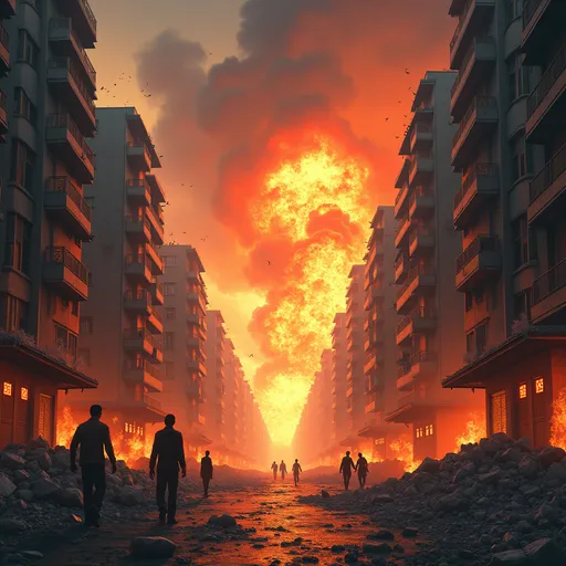 Prompt: A postapocalyptic background. exploding buildings and people falling from those buildings. asian style streets. the city is on fire, rubble everyhwere. Used as a background for a hiphop cover art.