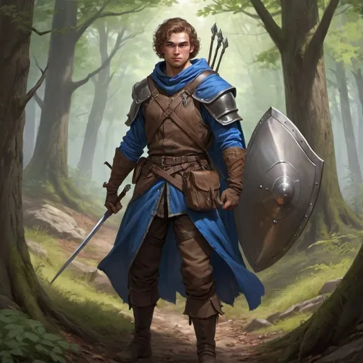 Prompt: Male Human variant ranger with lightskin, blue eyes, 28 years old, 180 pounds, long bow and carrying 2 rapiers and a shield. sack of yummy food on the ground, dimwitted, Loveable coward, Forest background, fantasy, Dnd, Epic lighting