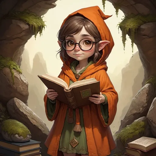 Prompt: Short female rock gnome, mossy brown hair, large framed glasses, brown eyes, orange scholar's robe, holding a very large tome, high quality, detailed, fantasy, whimsical, earthy tones, warm lighting