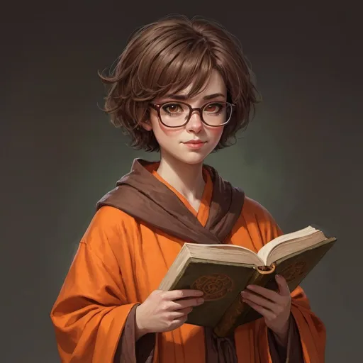 Prompt: A short female rock gmone with short mossy brown hair, large framed glasses with brown eyes, dressed in an orange scholars robe, holding a very large tome.