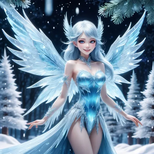 Prompt: (happy ice fairy), (anime style), diamond demon wings, gliding gracefully over snow-covered pine trees, a stunning crystalline palace glinting in the background, rich dark color scheme, contrasting soft icy blues and silvery whites, enchanting atmosphere, ethereal glow surrounding the fairy, ultra-detailed, 4K.