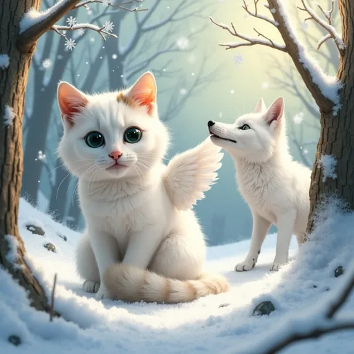 Prompt: fluffy wings happy cat, playful arctic fox, snowy forest, bright and cheerful atmosphere, vibrant colors, whimsical scene, soft sunlight filtering through trees, frosty branches, sparkling snowflakes, detailed fur textures, ultra-detailed, enchanting and magical environment, capturing the joy and innocence of the moment.