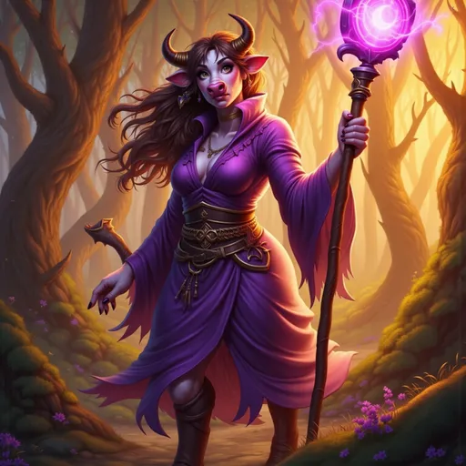 Prompt: Realistic cow-woman hybrid, cow face, flowing purple wizard robe that billows elegantly in the gentle breeze, intricate detailing on the robe, glowing mage staff pulsating with mystical energy, warm color palette with soft golden and deep violet hues, enchanting forest background with dappled sunlight filtering through trees, magical atmosphere, high quality, ultra-detailed.