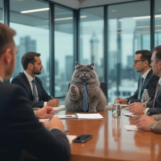 Prompt: A realistic short video of a business meeting in a modern glass-walled office. A fluffy gray cat wearing a small tie sits at the head of the table, leading a presentation while humans take notes. The people look serious, but the situation is absurdly funny. Professional lighting, camera pans slowly, realistic motion and detail, cinematic tone.