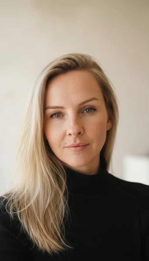 Prompt: A serene, cinematic close-up portrait of a youthful-looking woman in her 40s with a soft sun-kissed complexion. Her long, straight blonde hair drapes past her shoulders in artful, slightly windswept strands. Her eyes—an arresting blend of green and grey—hold a calm, focused intensity. Naturally arched brows frame her expression, poised and enigmatic. She wears a sleek black turtleneck that contrasts with her luminous skin. Gentle natural light spills in from the left, sculpting her cheekbones and adding a warm glow. The background melts into a dreamy blur of muted beige and white, giving the scene a modern, intimate atmosphere. Hyper-detailed texture, soft cinematic tones, subtle depth of field, and a refined, contemporary portrait aesthetic.