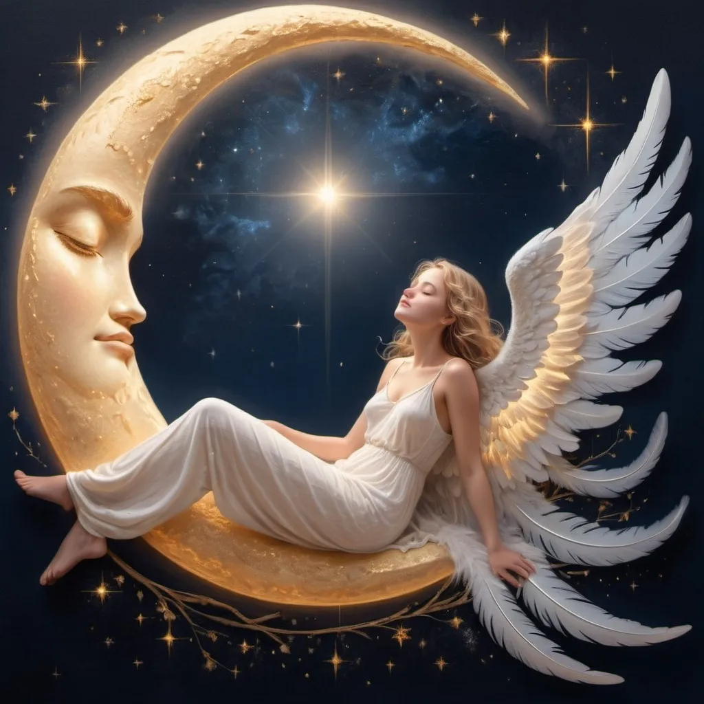 Prompt: An image of an angel lounging on a 1\4 moon in the universe looking joyfully at the sun 