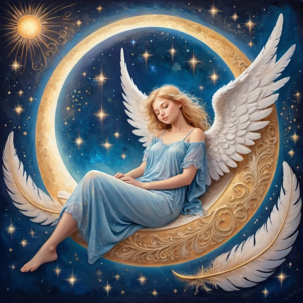 Prompt: An image of an angel lounging on a 1\4 moon in the universe looking joyfully at the sun 