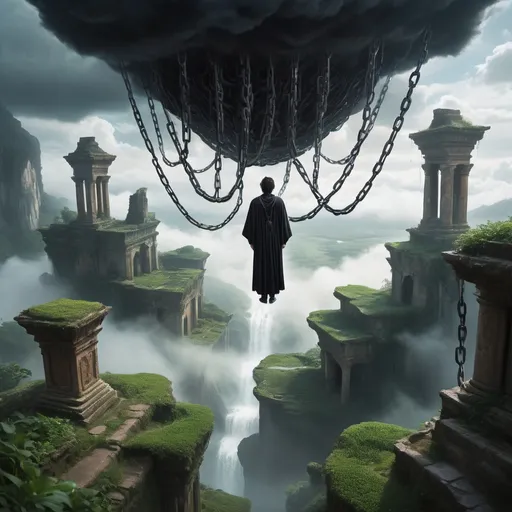 Prompt: A human has ascended into a dream-like world. He is clad in flowing black robes, exuding an aura of mystique and power. The world around him is ethereal, with soft, swirling clouds and a surreal, misty atmosphere. Floating islands, covered in lush greenery and ancient ruins, hover in the sky, each one tethered to the ground by massive, ancient chains. The scene is both tranquil and awe-inspiring, with a sense of otherworldly magic permeating the air