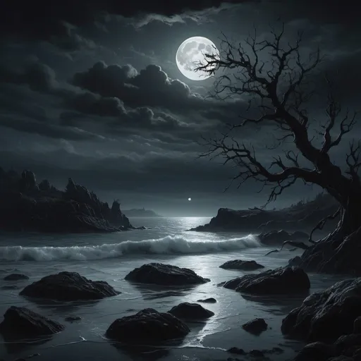 Prompt: Create an image of 'The Forgotten Shore' at night. The land is covered by a black sea, its waters reaching unknown depths. The depth of the water can even cover mountains. The night is dark and foreboding, with a chilling, eerie atmosphere. The sea is vast and seemingly infinite, blending into the inky blackness of the night sky. Mysterious and unsettling shapes move just beneath the surface of the water, hinting at unimaginable horrors that dwell in the depths. The shore is rugged and desolate, with jagged rocks and twisted, barren trees silhouetted against the dark sea. The moon is obscured by thick, ominous clouds, casting an eerie, dim light over the landscape. The scene is haunting and otherworldly, evoking a sense of dread and mystery