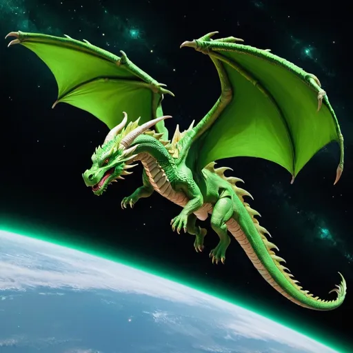 Prompt: green dragon flying through space
