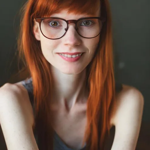 Prompt: A thin redhead woman with brown eyes and glasses