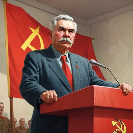 Prompt: A proud communist standing strong in front of a podium