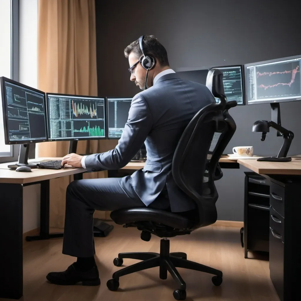 Prompt: Imagina un empresario sentado en una silla ergonómica frente a múltiples pantallas de computadora. En las pantallas, se pueden ver gráficos de trading con líneas ascendentes y descendentes, indicadores técnicos y cifras en tiempo real. El empresario, vestido con un traje elegante, tiene una expresión concentrada mientras toma notas en un cuaderno. A su alrededor, hay una taza de café y algunos libros sobre finanzas. La habitación está iluminada suavemente, creando un ambiente de trabajo productivo. ¿Te gustaría más detalles sobre algún aspecto específico?