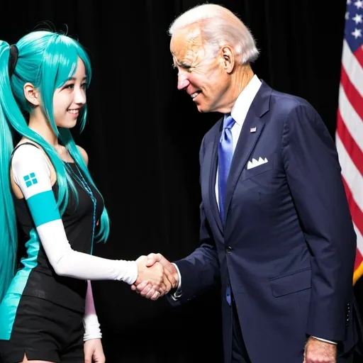 Prompt: Joe Biden Shaking Hands With Popular Vocaloid Hatsune Miku.
