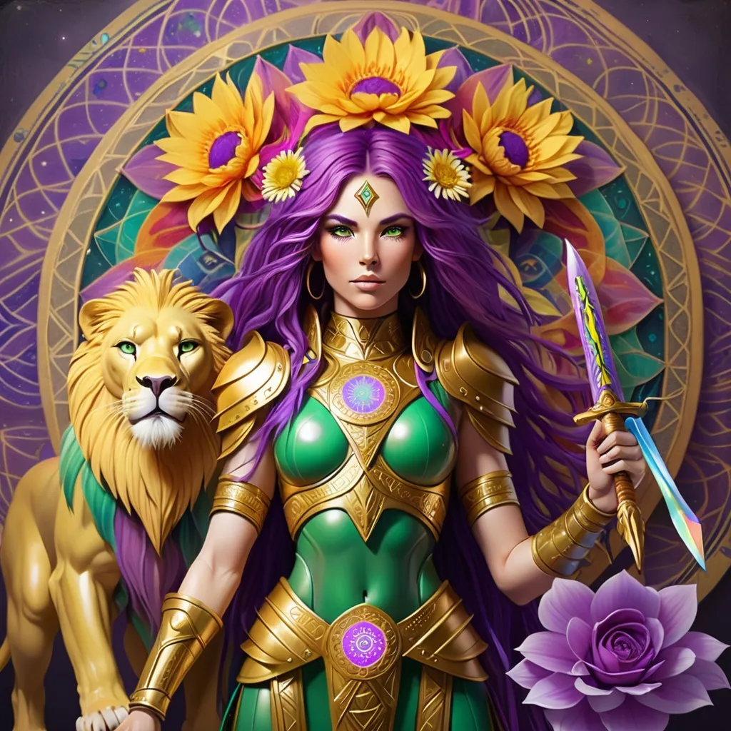 Prompt: Warrior woman (green eyes and purple hair) with golden armor, with her rainbow lion next to her, holding a big mystical swords, in front of a flower of life mandala rainbow color