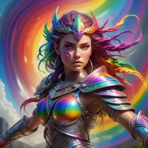 Prompt: Rainbow girl warrior, (fierce pose), vibrant colors, ethereal armor integrating rainbow hues, magical energies swirling, (dynamic background with a mystical landscape), bold and optimistic atmosphere, dramatic lighting accentuating features, detailed facial expression reflecting strength and courage, (HD, ultra-detailed, masterful execution).