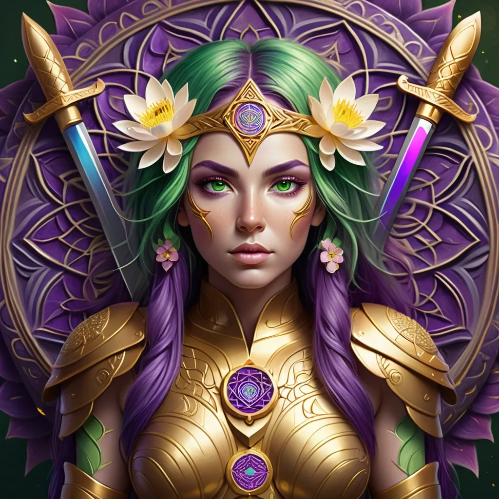 Prompt: Warrior woman (green eyes and purple hair) with golden armor with small lotus flowers graved on it, holding a big mystical swords, in front of a flower of life rainbow mandala