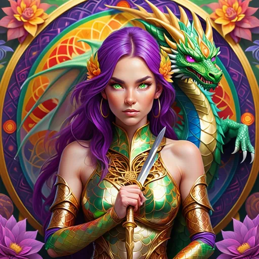 Prompt: Warrior woman (green eyes, purple hair), adorned in (shimmering golden armor), fiercely positioned next to her (majestic rainbow dragon), wielding a (big mystical sword), set against a (vibrant rainbow-colored Flower of life mandala)