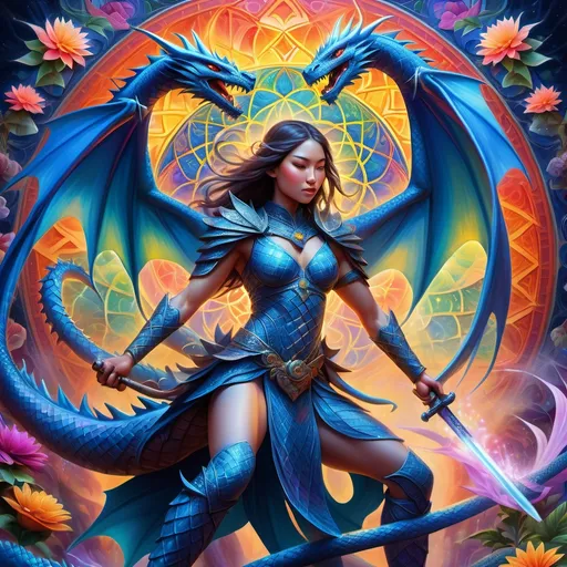 Prompt: Rainbow warrior woman, (dynamic pose), wielding swords, riding a magnificent blue dragon, ethereal scales glistening, intricate flower of life pattern background, symbolizing unity and interconnectedness, vibrant colors burst forth, high detail, magical ambiance, adventurous, (HD), vivid contrast, lighting creates a mystical atmosphere, enhancing every detail of the scene.