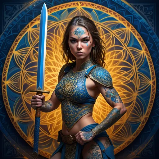 Prompt: Woman warrior (holding big swords), striking pose, powerful expression, (elaborate armor details), (intricate tattoos), flower of life mandala background, vibrant colors, rich hues of blue and gold, mystical ambiance, dramatic lighting casting shadows, high-quality, ultra-detailed, dynamic composition, showcasing strength and femininity, captivating visual story.