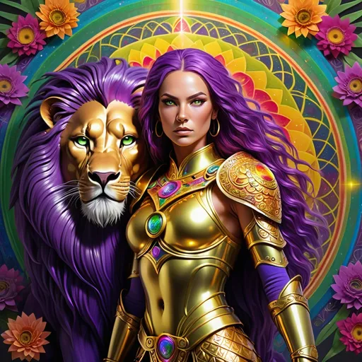 Prompt: Warrior woman (green eyes, purple hair), adorned in (shimmering golden armor), fiercely positioned next to her (majestic rainbow lion), wielding a (big mystical sword), set against a (vibrant rainbow-colored Flower of Life mandala), evoking a sense of strength and harmony, intricately detailed, dynamic lighting, high quality, ultra-detailed, captivating and empowering ambiance.