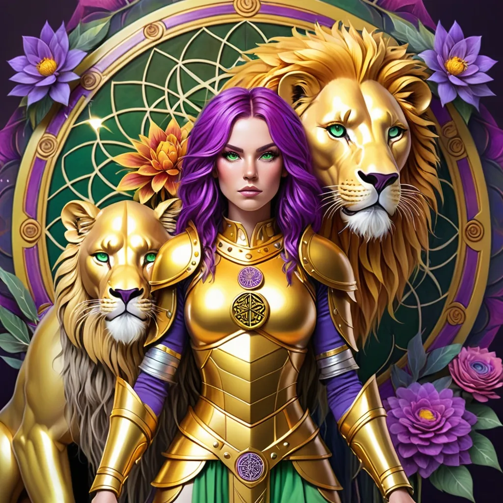 Prompt: Warrior woman (green eyes and purple hair) with golden armor, with her rainbow lion next to her, holding a big mystical swords, in front of a flower of life mandala rainbow color