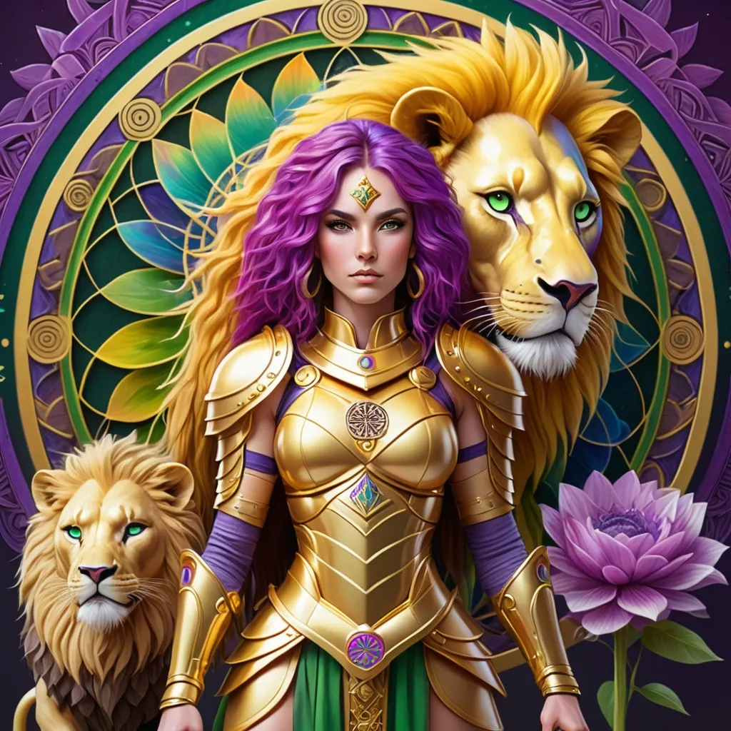 Prompt: Warrior woman (green eyes and purple hair) with golden armor, with her rainbow lion next to her, holding a big mystical swords, in front of a flower of life mandala rainbow color