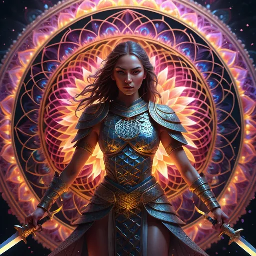 Prompt: woman warrior with (big swords), (Flower of Life mandala background), intense gaze, dynamic pose, shimmering armor, dramatic lighting, vivid colors, ethereal glow, intricate patterns, high detail, powerful ambiance, showcasing strength and grace, a surreal yet empowering atmosphere, 4K resolution, ultra-detailed aesthetic.