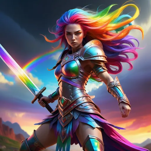 Prompt: Rainbow girl warrior, (dynamic pose), wielding a (majestic) large sword, vibrant rainbow hair flowing, adorned in colorful warrior armor, striking an (intense) expression, backgrounds of a fantastical landscape filled with vivid colors, (dramatic lighting) highlighting the colors, (high detail), (4K quality), exudes power and bravery, capturing a heroic spirit.